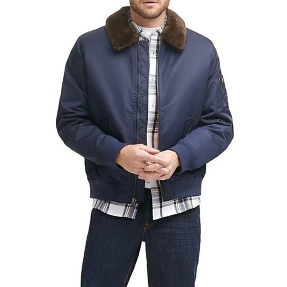 New LEVI'S Men's Large Flight Bomber Jacket with a Faux Fur Removable Collar S - Picture 1 of 11